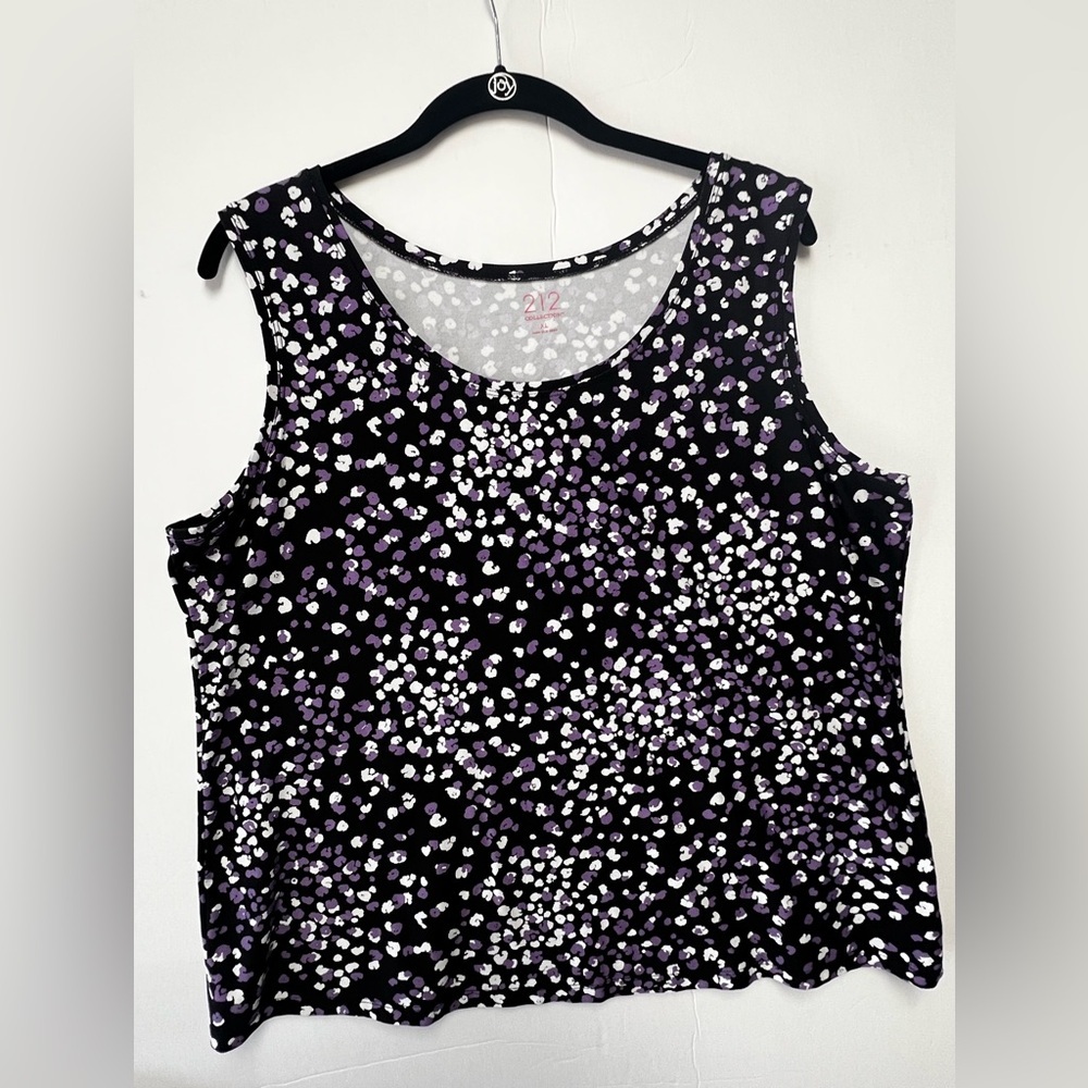 212 COLLECTION PURPLE/WHITE PATTERNED SPOTS ON BLACK BACKGROUND SLEEVELESS  XL